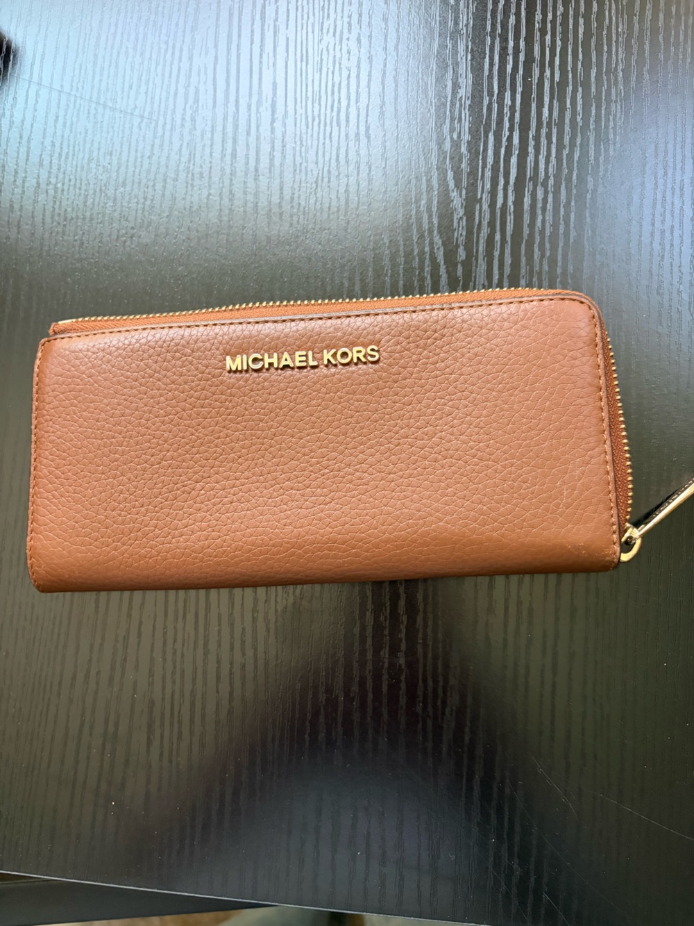 Michael Kors Cognac Pebbled Leather Zip Wallet with Gold Logo